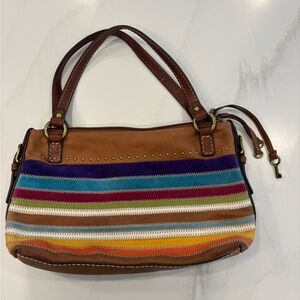 Fossil Brown Leather Shoulder Bag with Multicolor Stripes